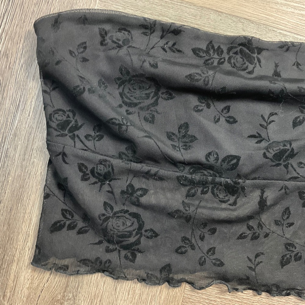 Forever 21 Rose Print Floral Mesh Tube Top Womens Large Black Goth Sheer Y2K - Picture 3 of 7